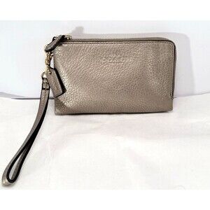 Coach Metallic Gunmetal Soft Leather Corner Zip Wristlet Wallet Clutch Bag Chic